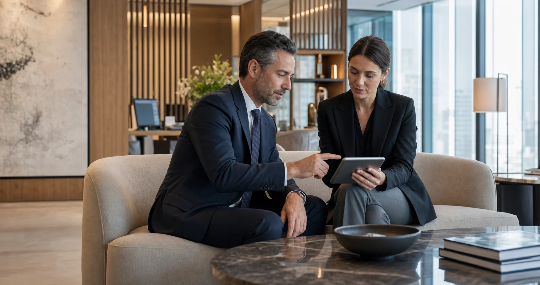 Institutional relationship manager and business client reviewing a digital account