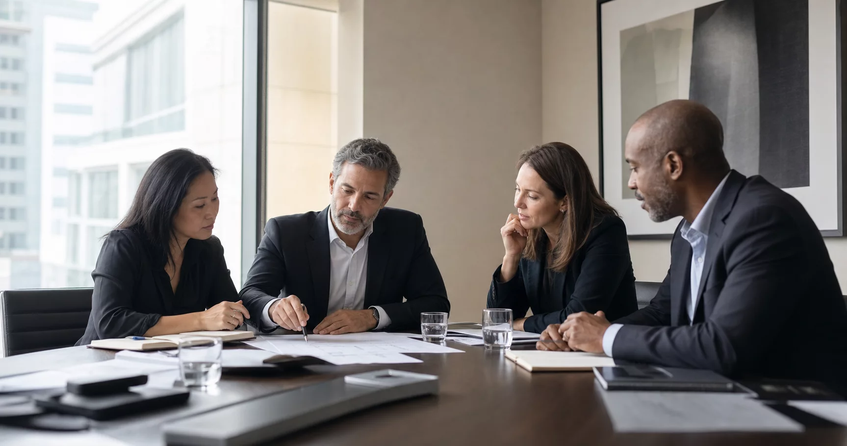 Institutional team reviewing an on-chain strategy in a boardroom