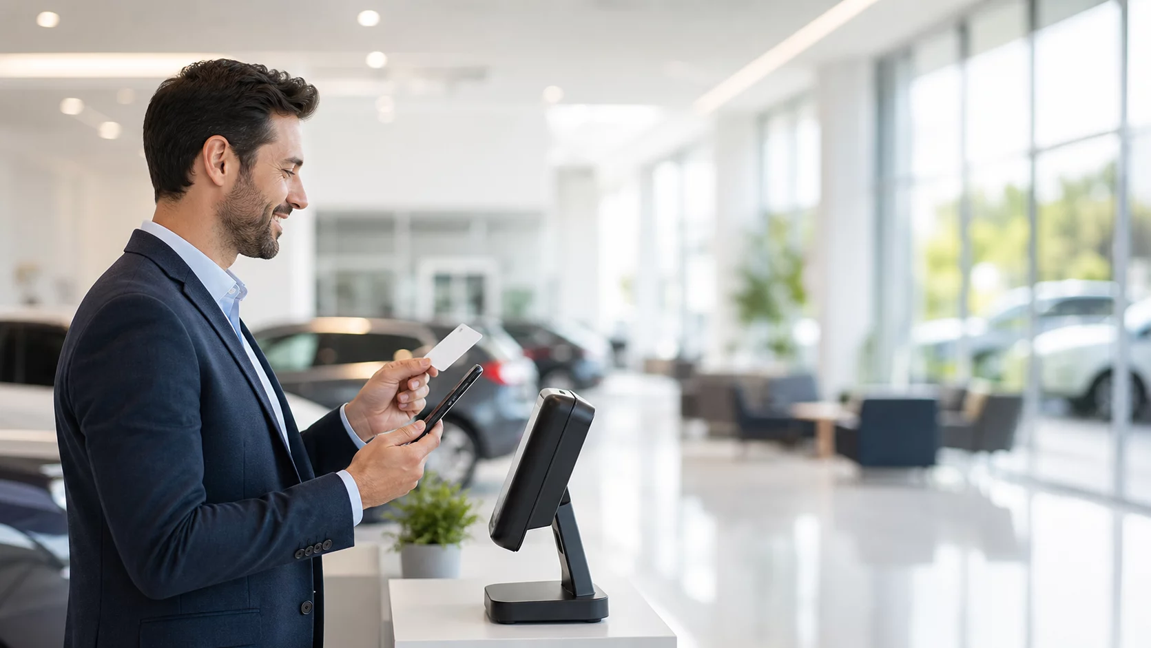 Client authorizing a smart-card payment at a car dealership